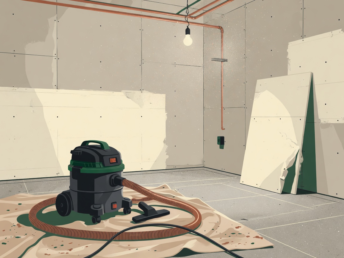 Editorial illustration of a drywall room and generic shop vacuum