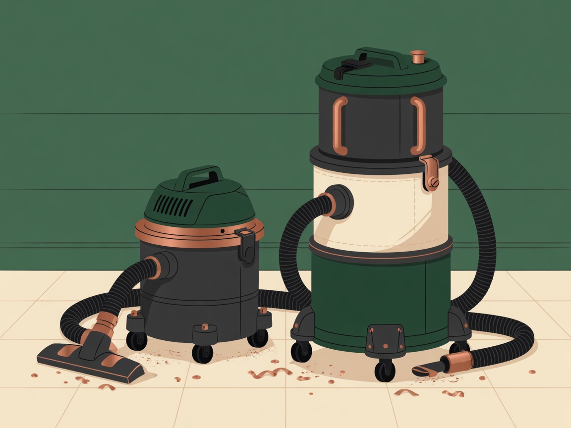 Editorial illustration of a generic shop vacuum beside a larger dust extractor