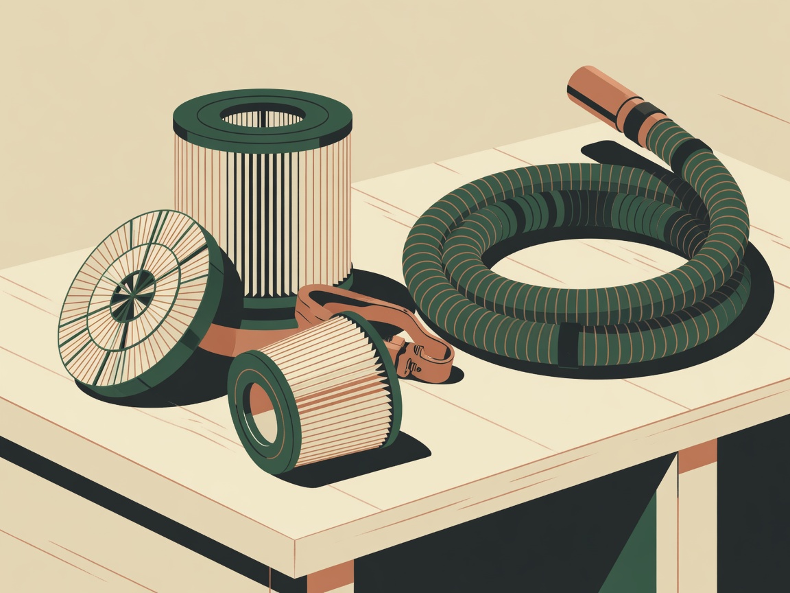 Editorial illustration of generic shop-vacuum filters and a hose