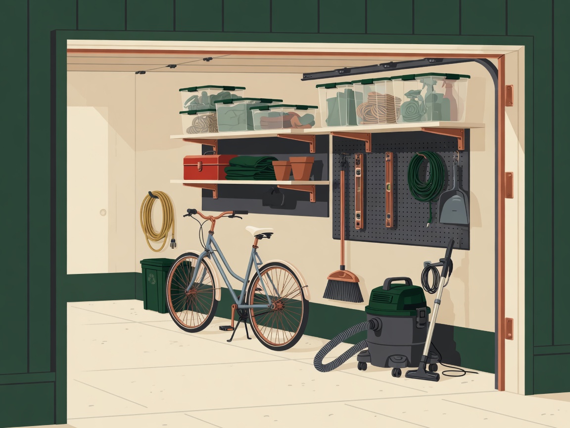 Editorial illustration of a residential garage with a generic shop vacuum