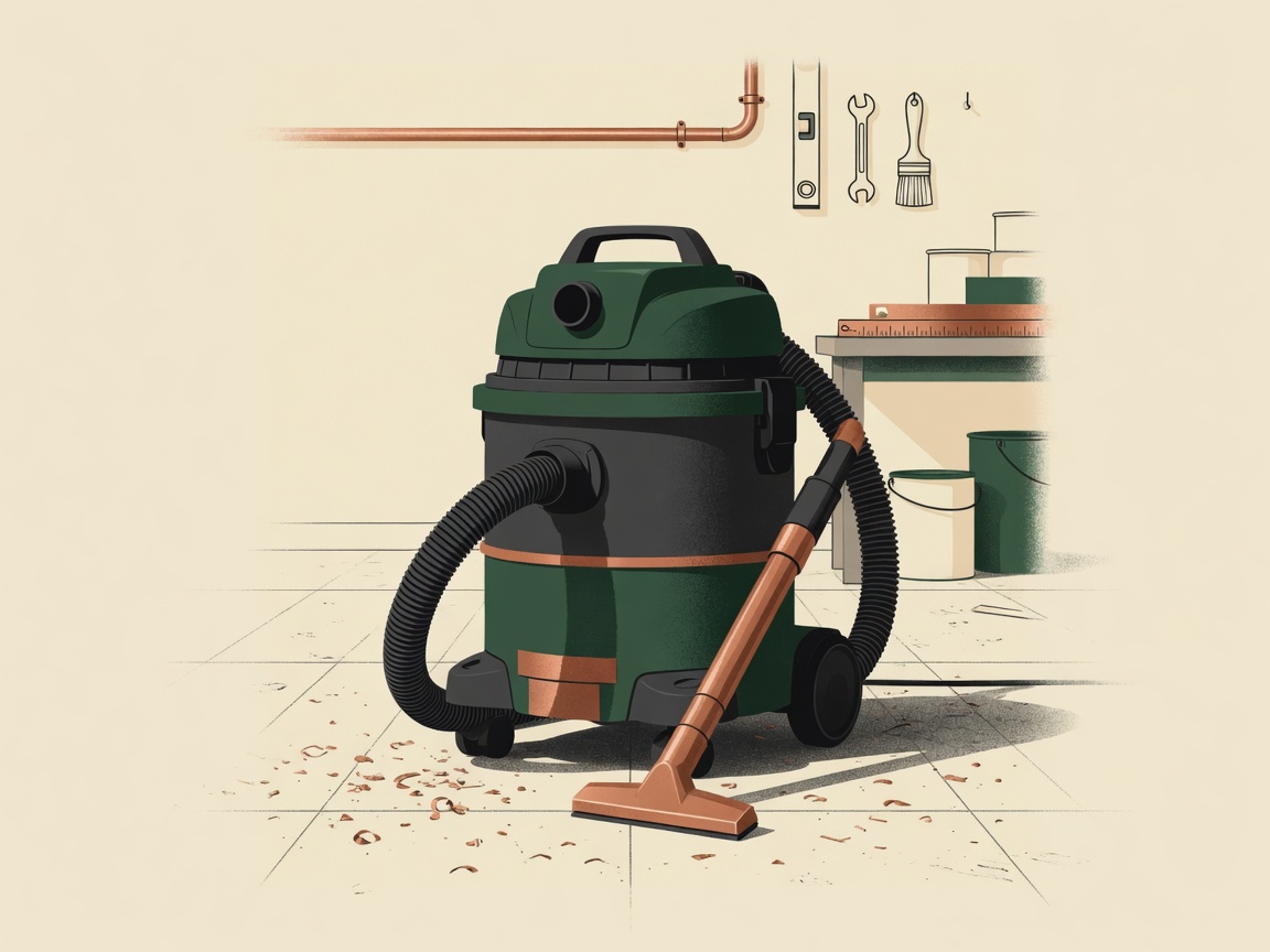 Editorial illustration of a generic unbranded shop vacuum in a workshop