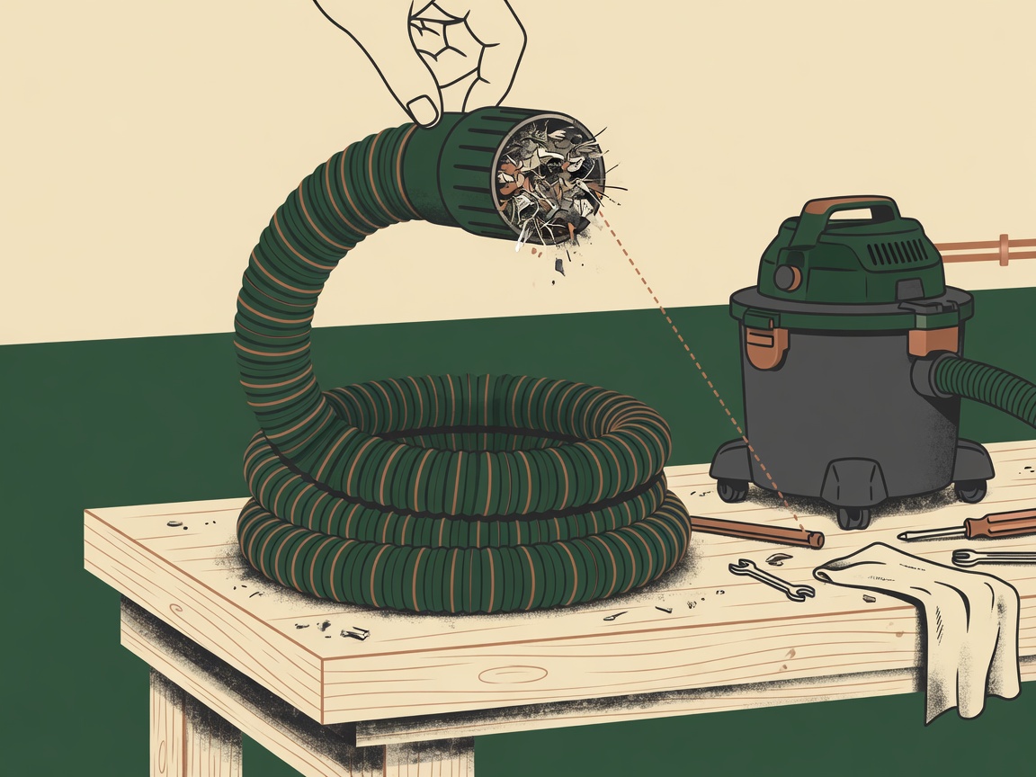 Editorial illustration of a shop-vacuum hose being checked for a clog