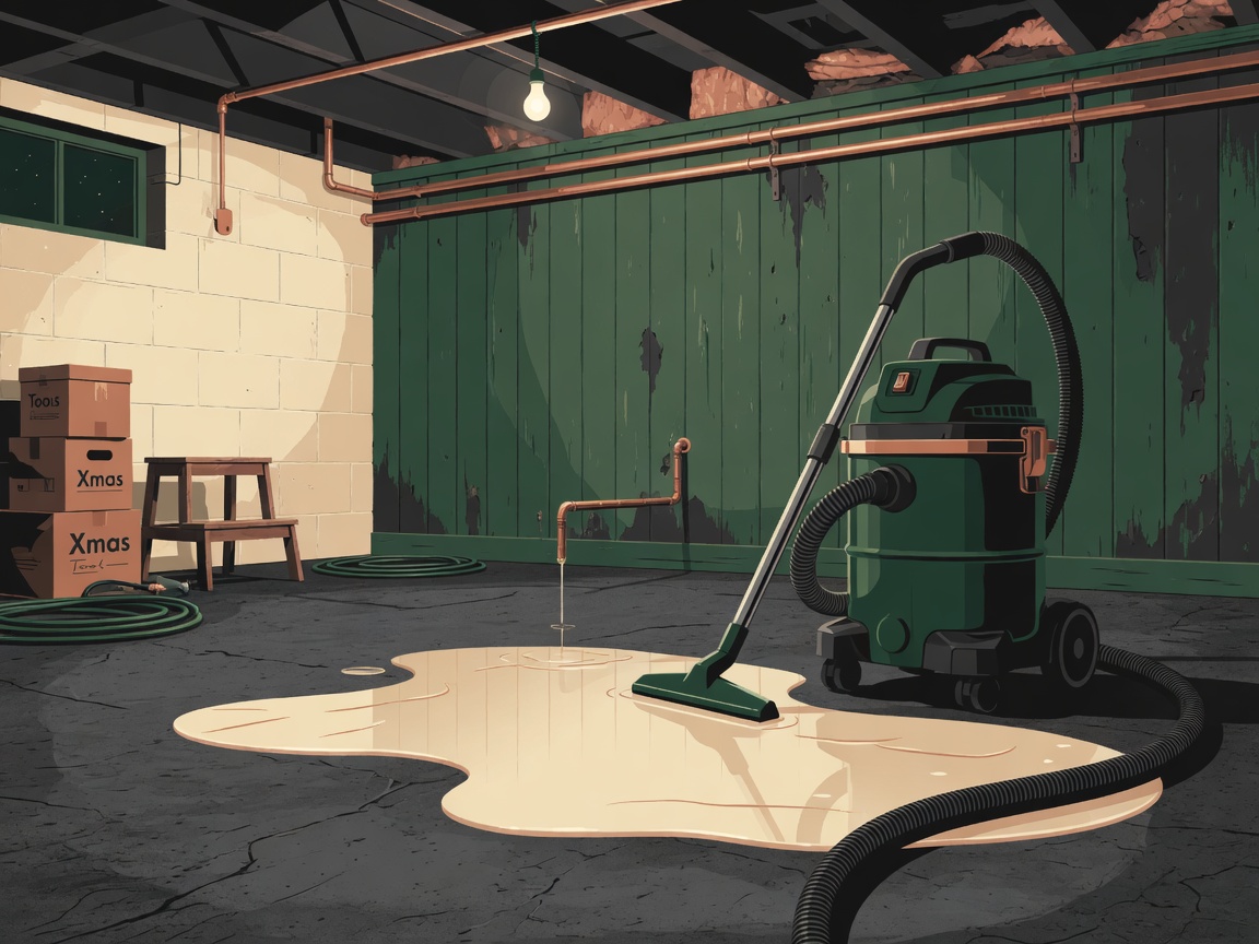 Editorial illustration of basement wet cleanup with a generic wet-dry vacuum