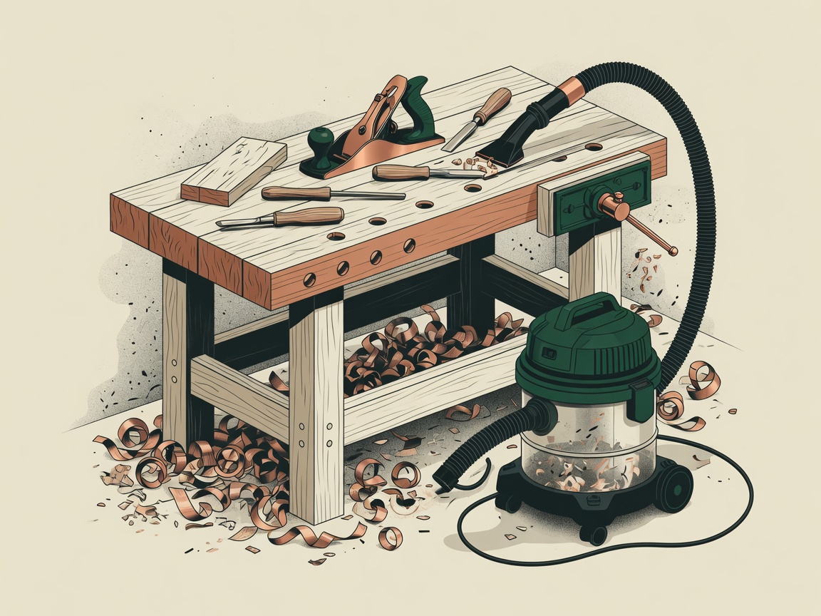 Editorial illustration of a woodworking bench and generic shop vacuum