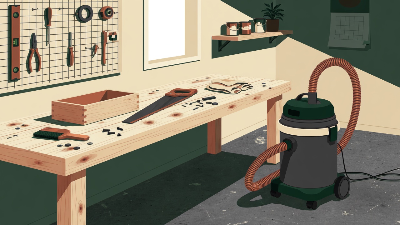 Editorial illustration of a workshop with a generic unbranded shop vacuum