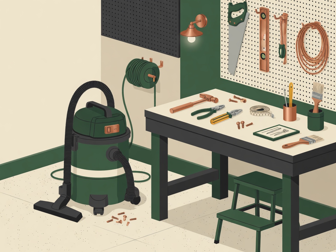 Editorial illustration of a garage workshop and generic shop vacuum